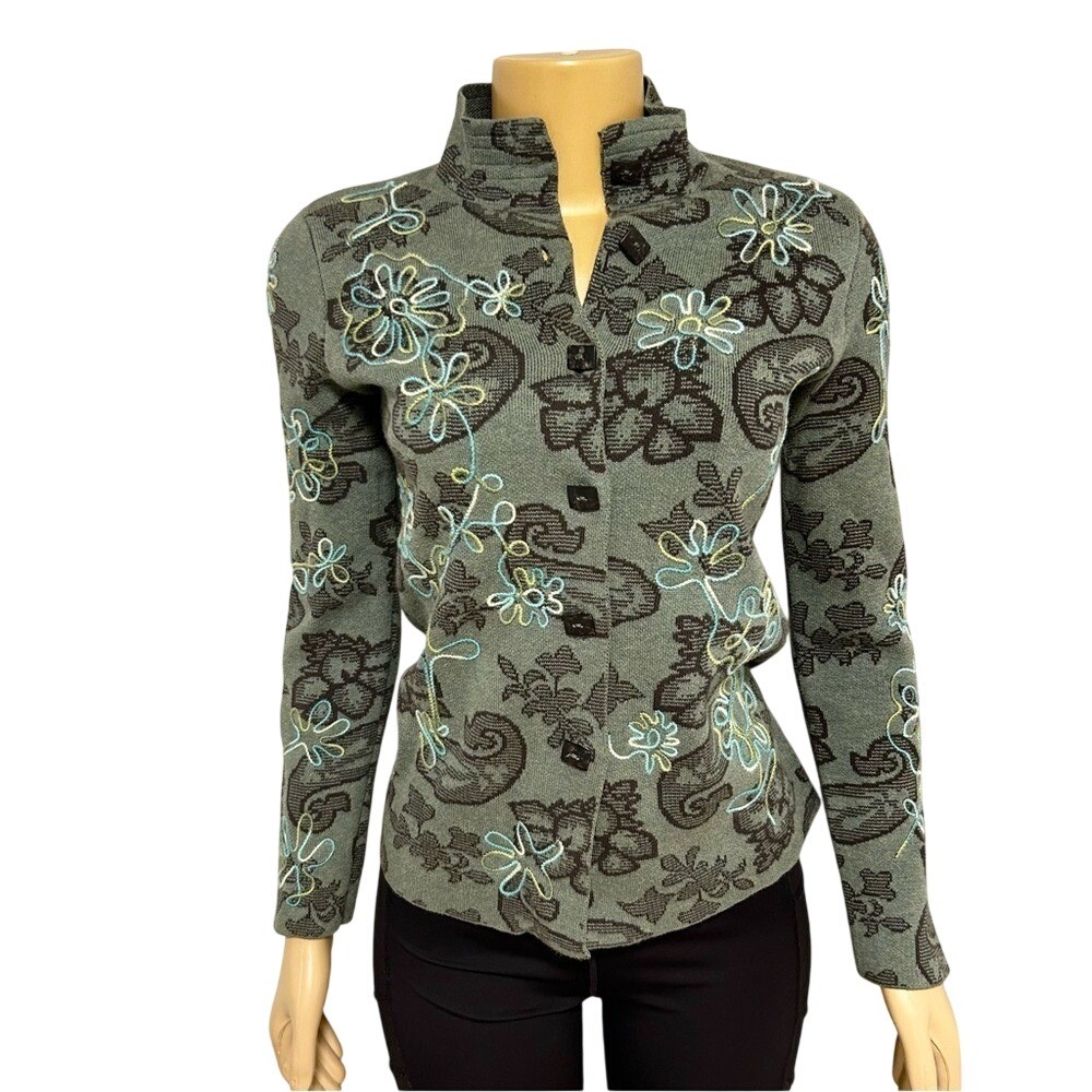 Sigrid Olsen Sport Green Floral‎ Paisley Embroidered Mock Neck Cardigan XS